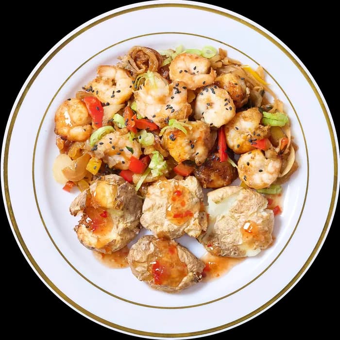 Salt & Pepper Prawns with Smashed Potatoes